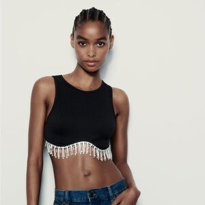 ✨ Black Sleeveless Top with Rhinestones Fringe Detail ✨